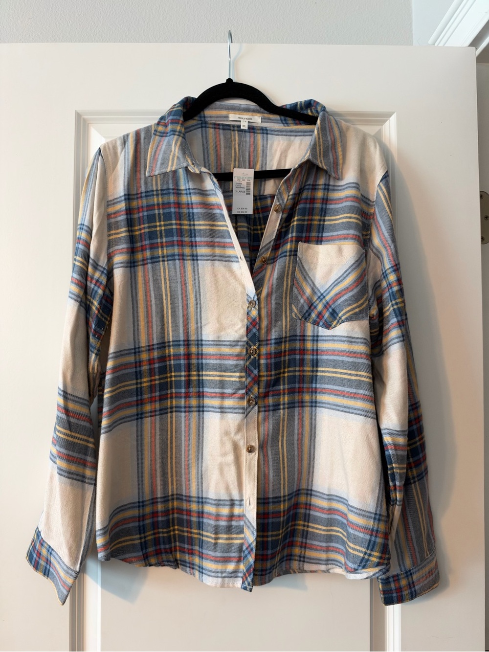 Maurices Cream Plaid Button-Up Shirt with Blue & Yellow Stripes